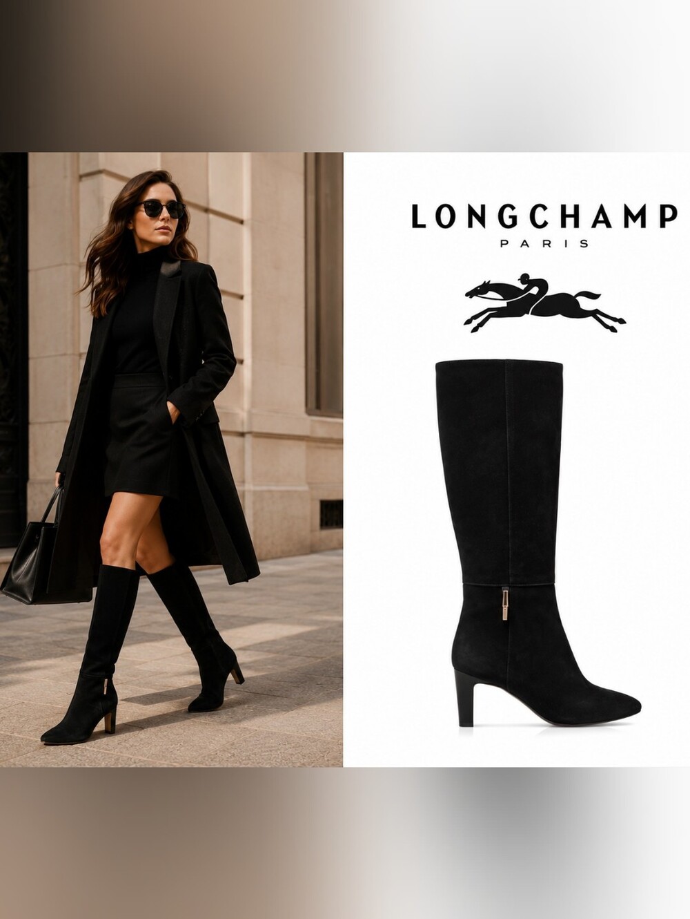 Longchamp -women’s Roseau Heeled boots Black suede leather Bamboo logo EU 38/7.5